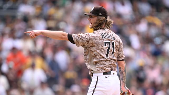 Sep 3, 2023; San Diego, California, USA; San Diego Padres relief pitcher Josh Hader (71) reacts after defeating the San Francisco Giants at Petco Park. Mandatory Credit: Orlando Ramirez-USA TODAY Sports